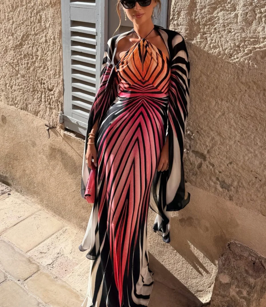 Ombre Butterfly Wing Print Halter Maxi Dress with Flowing Cape Sleeves