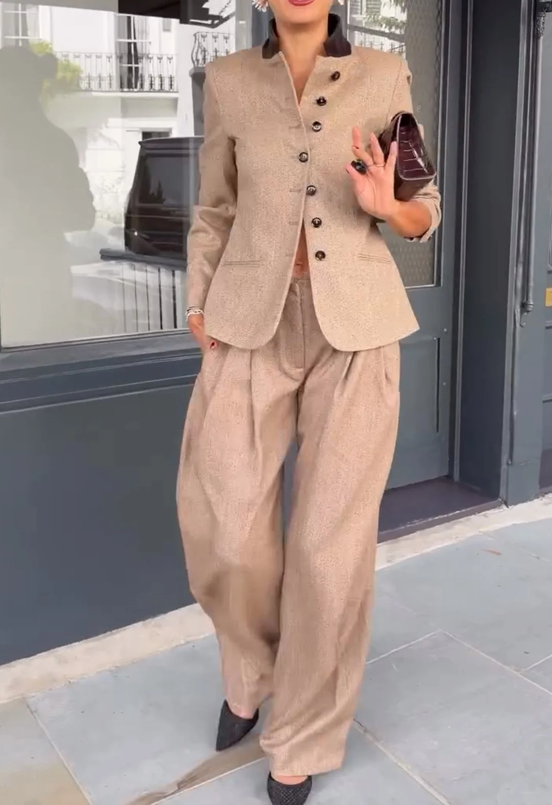 Women's Beige Tailored Stand Collar Blazer and Pleated Wide Leg Pants Two Piece Set