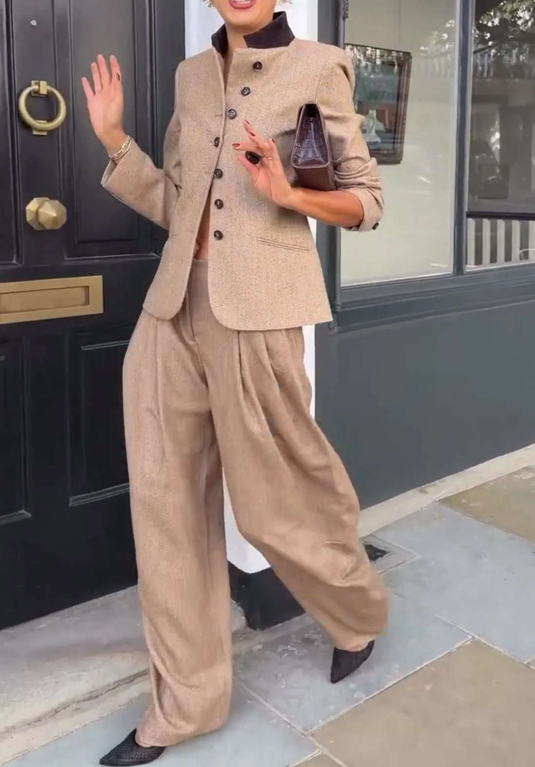 Women's Beige Tailored Stand Collar Blazer and Pleated Wide Leg Pants Two Piece Set