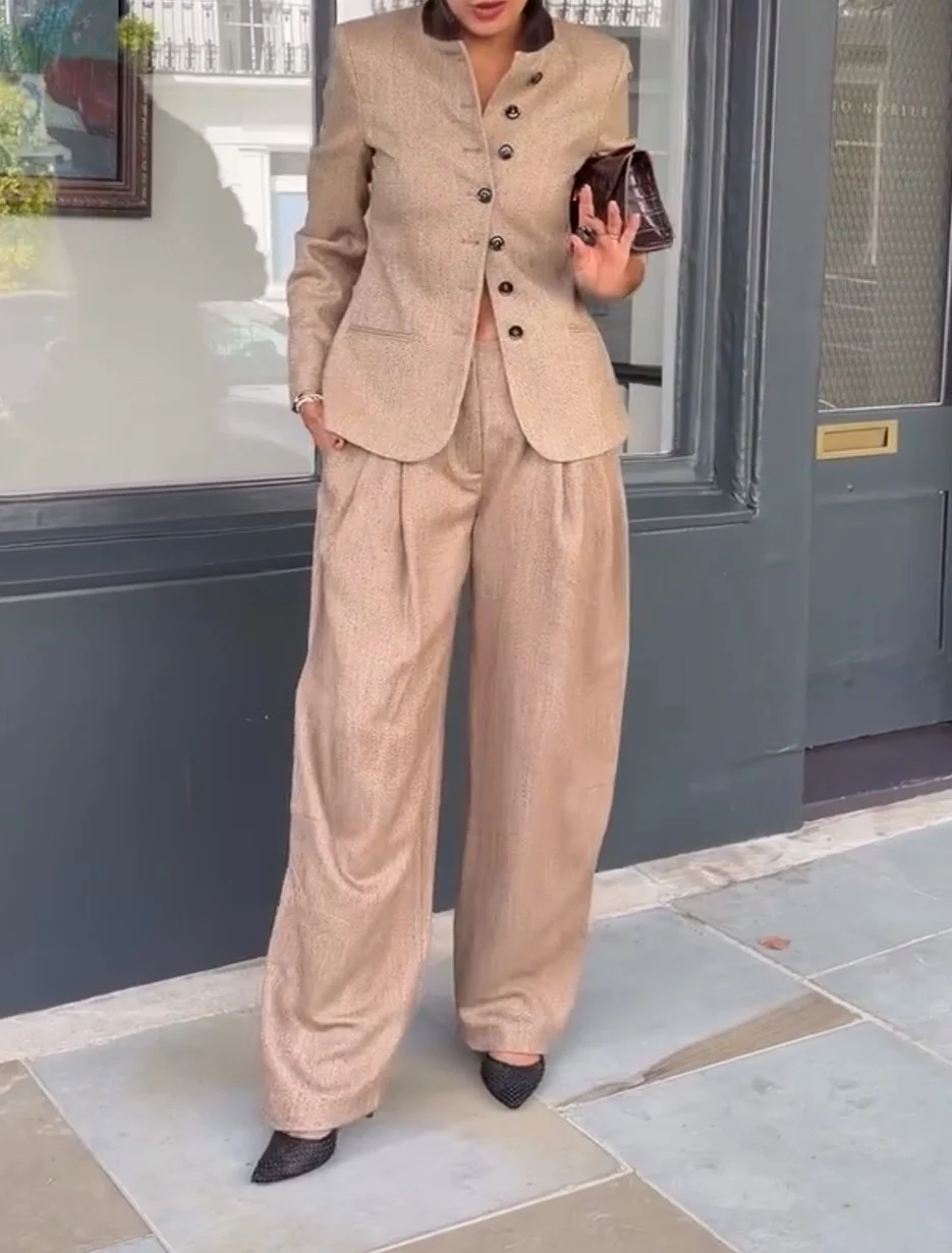 Women's Beige Tailored Stand Collar Blazer and Pleated Wide Leg Pants Two Piece Set
