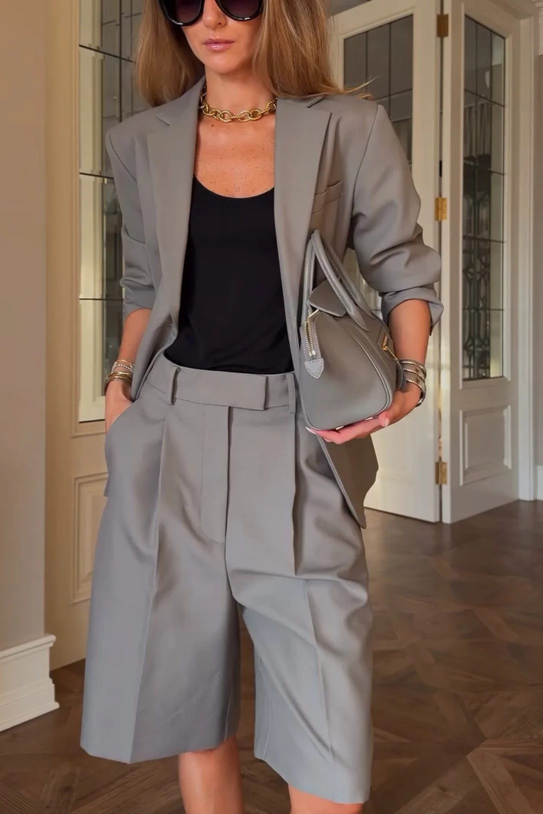 Grey Single Breasted Blazer and Pleated Bermuda Shorts Tailored Two Piece Suit Set