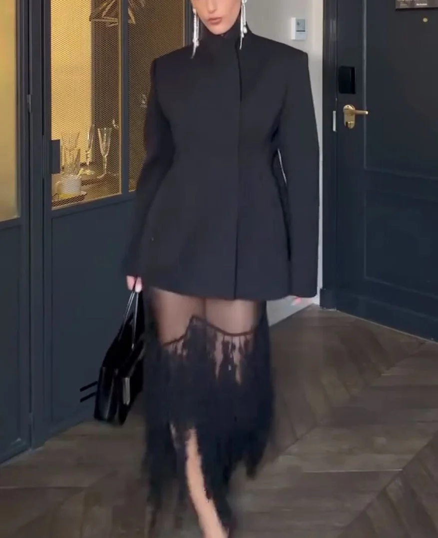 Black High Neck Blazer and Sheer Lace Tassel Maxi Skirt Two Piece Set