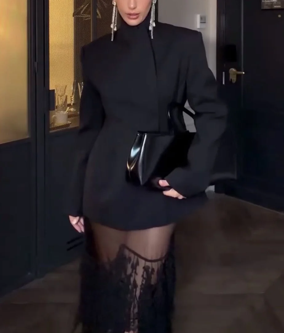 Black High Neck Blazer and Sheer Lace Tassel Maxi Skirt Two Piece Set