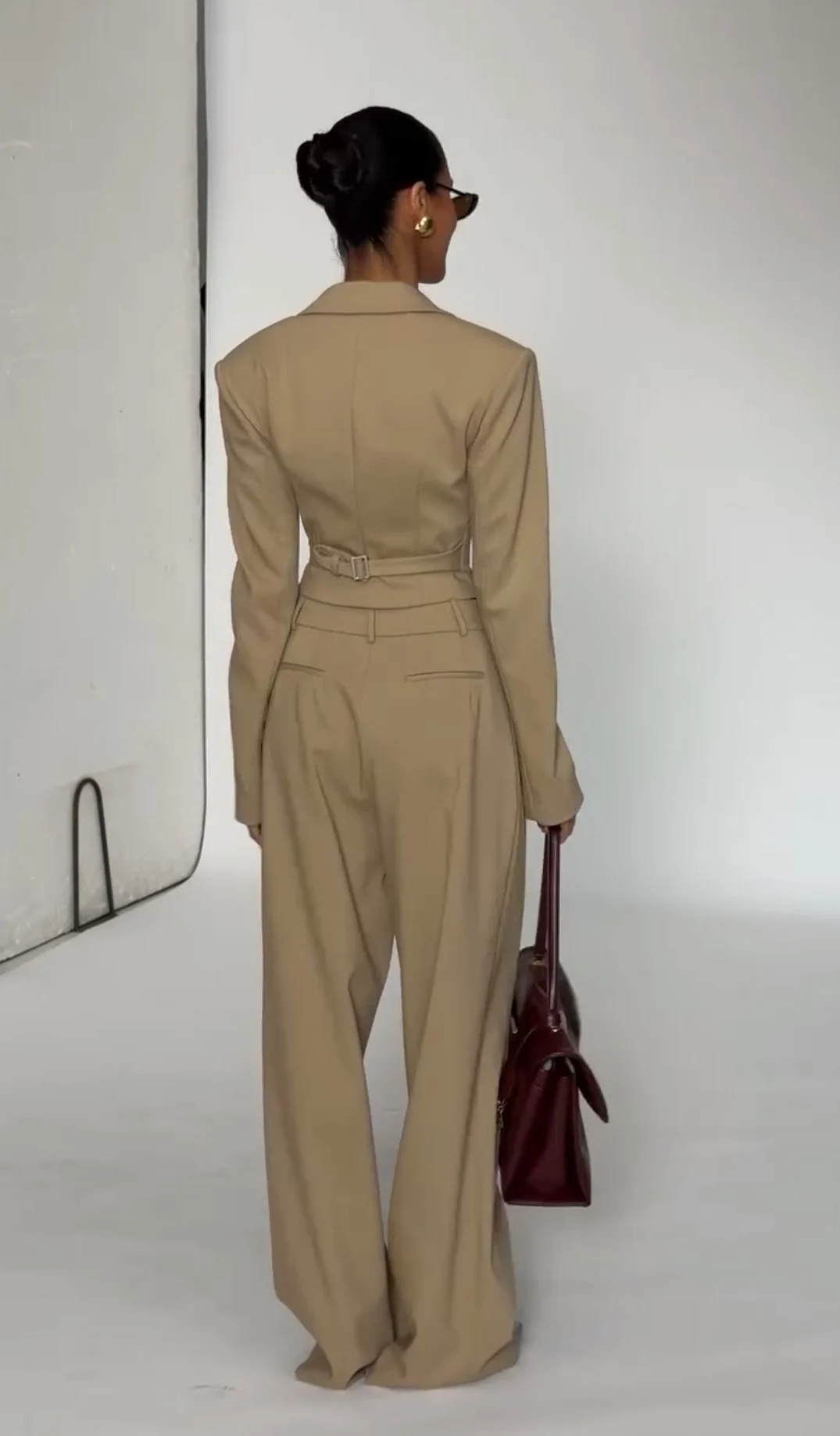 Beige Plunge Lapel Corset Blazer and Pleated Wide Leg Pants Two Piece Set
