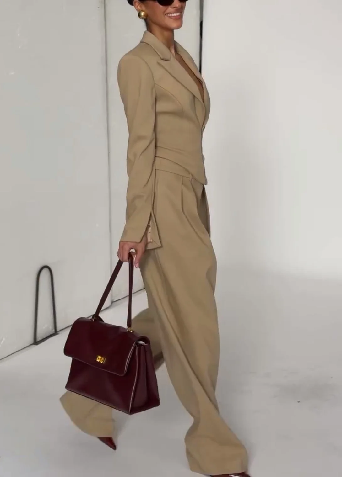 Beige Plunge Lapel Corset Blazer and Pleated Wide Leg Pants Two Piece Set