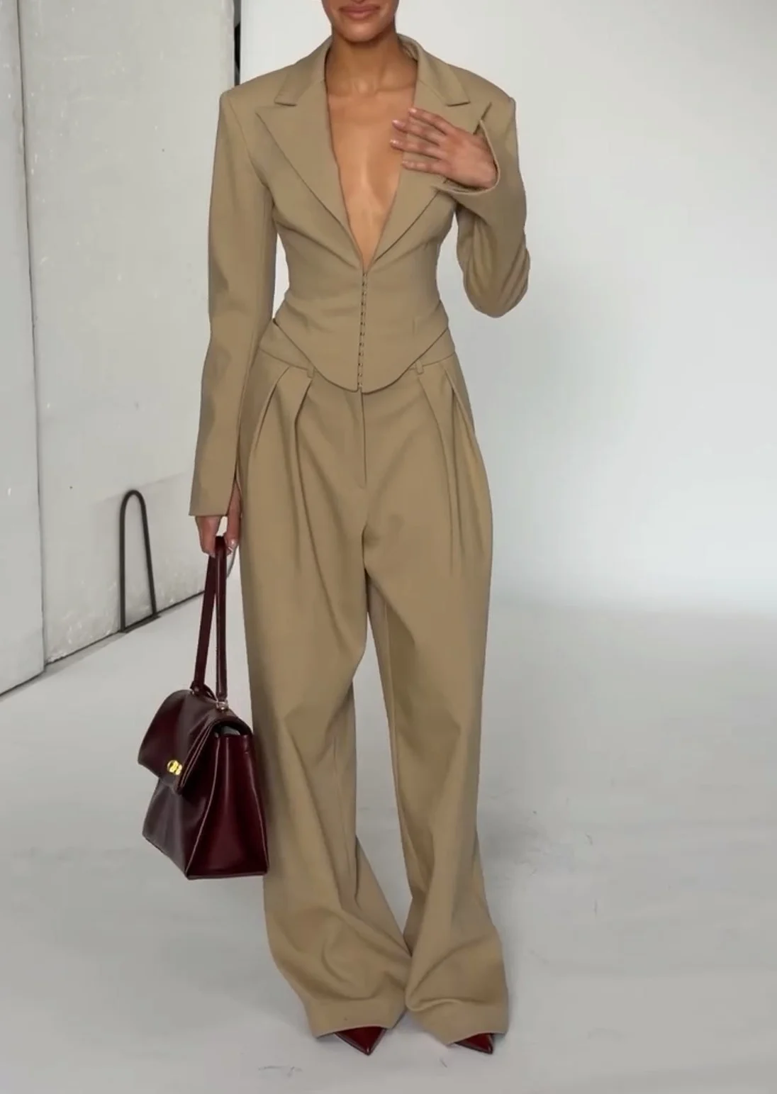 Beige Plunge Lapel Corset Blazer and Pleated Wide Leg Pants Two Piece Set
