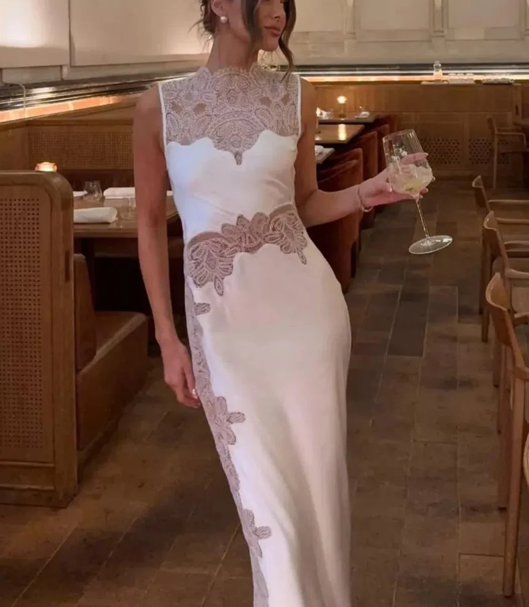 White High Neck Sleeveless Sheer Lace Patchwork Satin Maxi Dress
