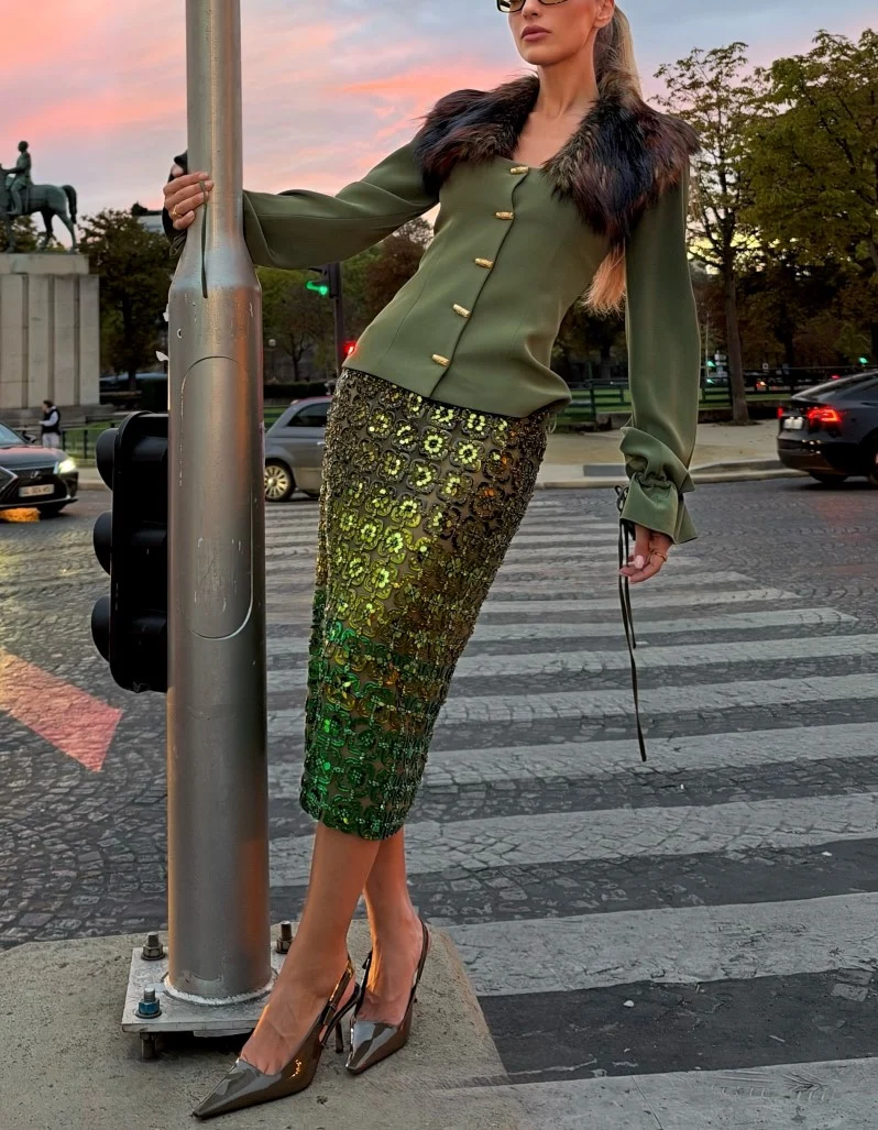 Olive Green Faux Fur Collar Long Sleeve Top and Sequin Midi Skirt Two Piece Set