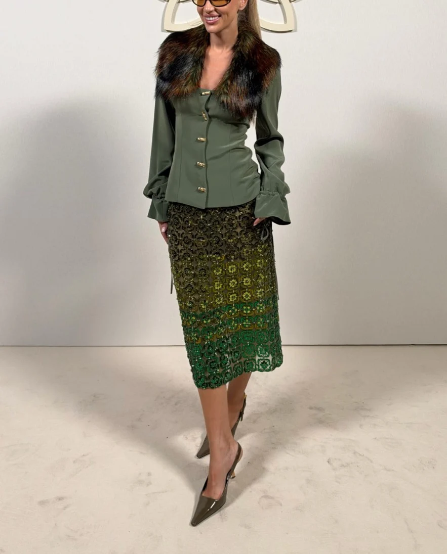 Olive Green Faux Fur Collar Long Sleeve Top and Sequin Midi Skirt Two Piece Set