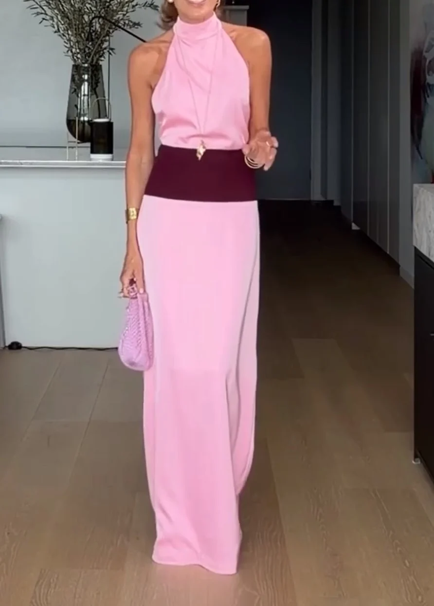 Pink Halter High Neck Sleeveless Maxi Dress with Contrast Waistband