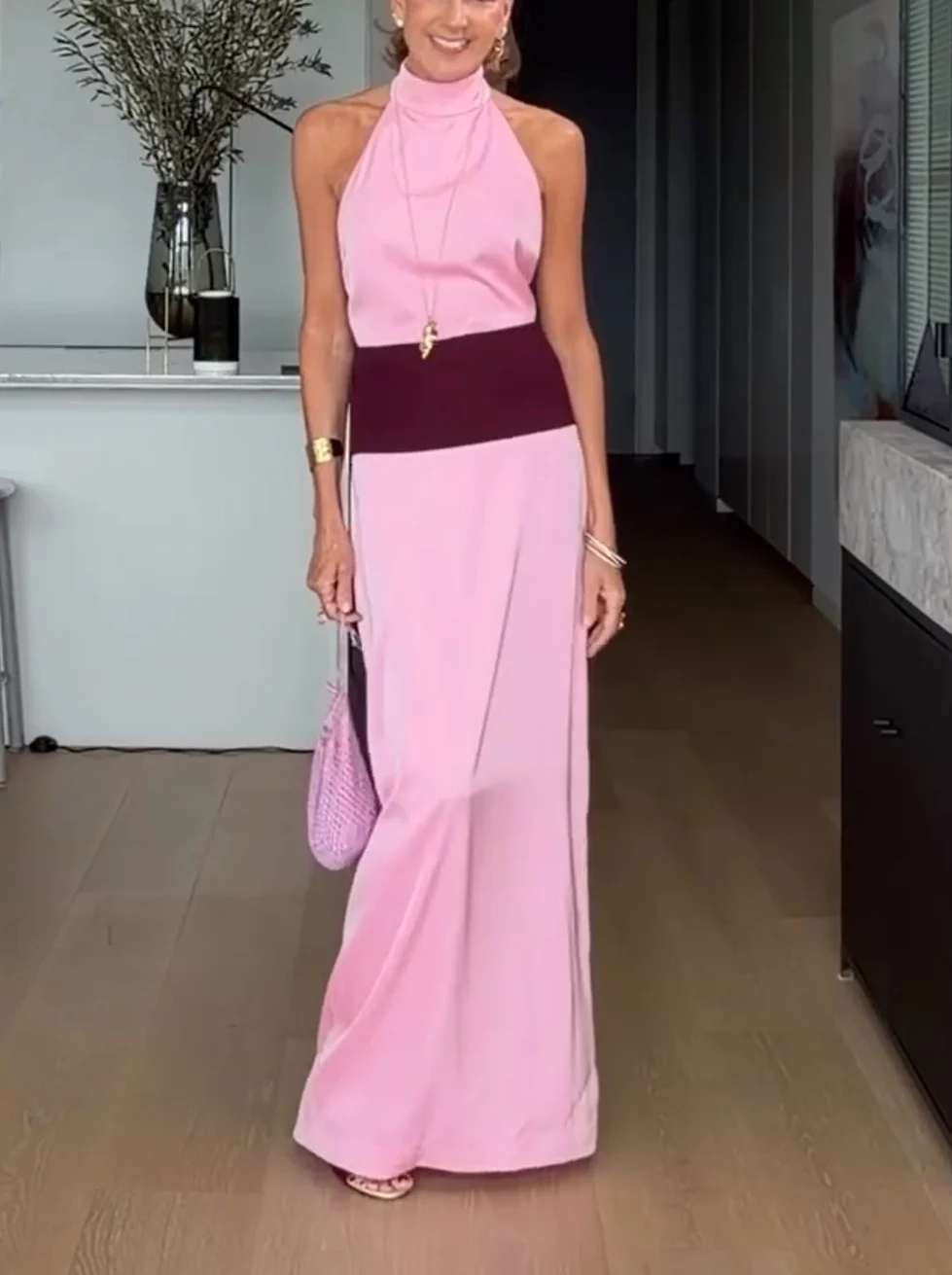 Pink Halter High Neck Sleeveless Maxi Dress with Contrast Waistband