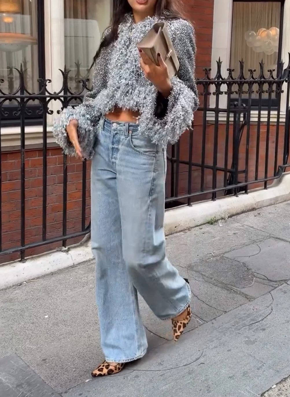 Silver Metallic Tinsel Fringe Cropped Jacket with Long Sleeves