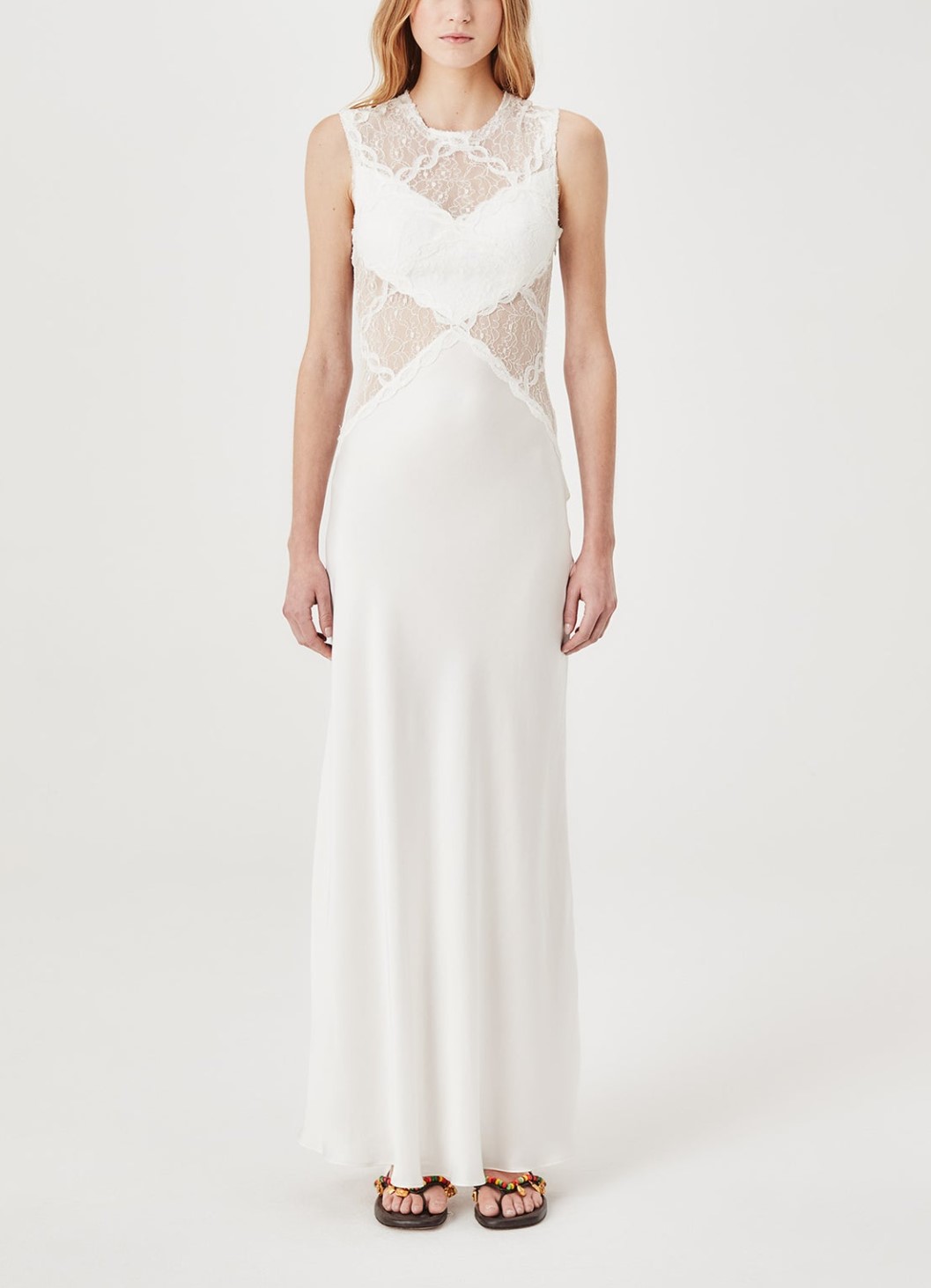 White Satin Lace Cutout Sleeveless Maxi Dress