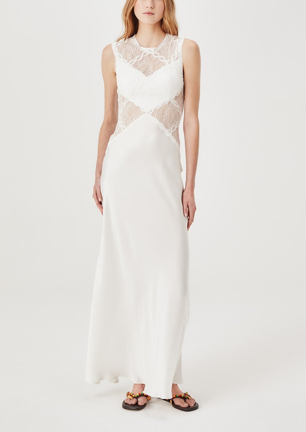 White Satin Lace Cutout Sleeveless Maxi Dress
