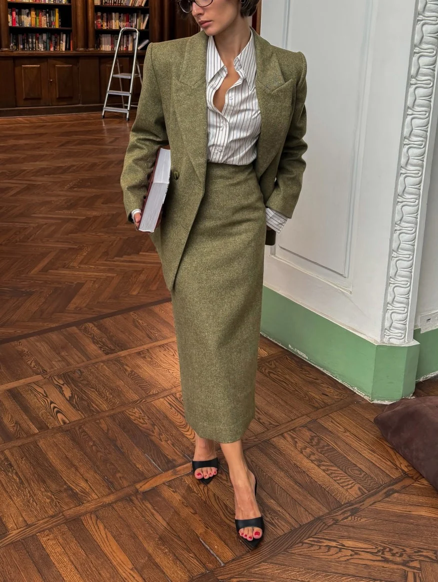 Women's Olive Green Tailored Blazer and Column Maxi Skirt Two Piece Set