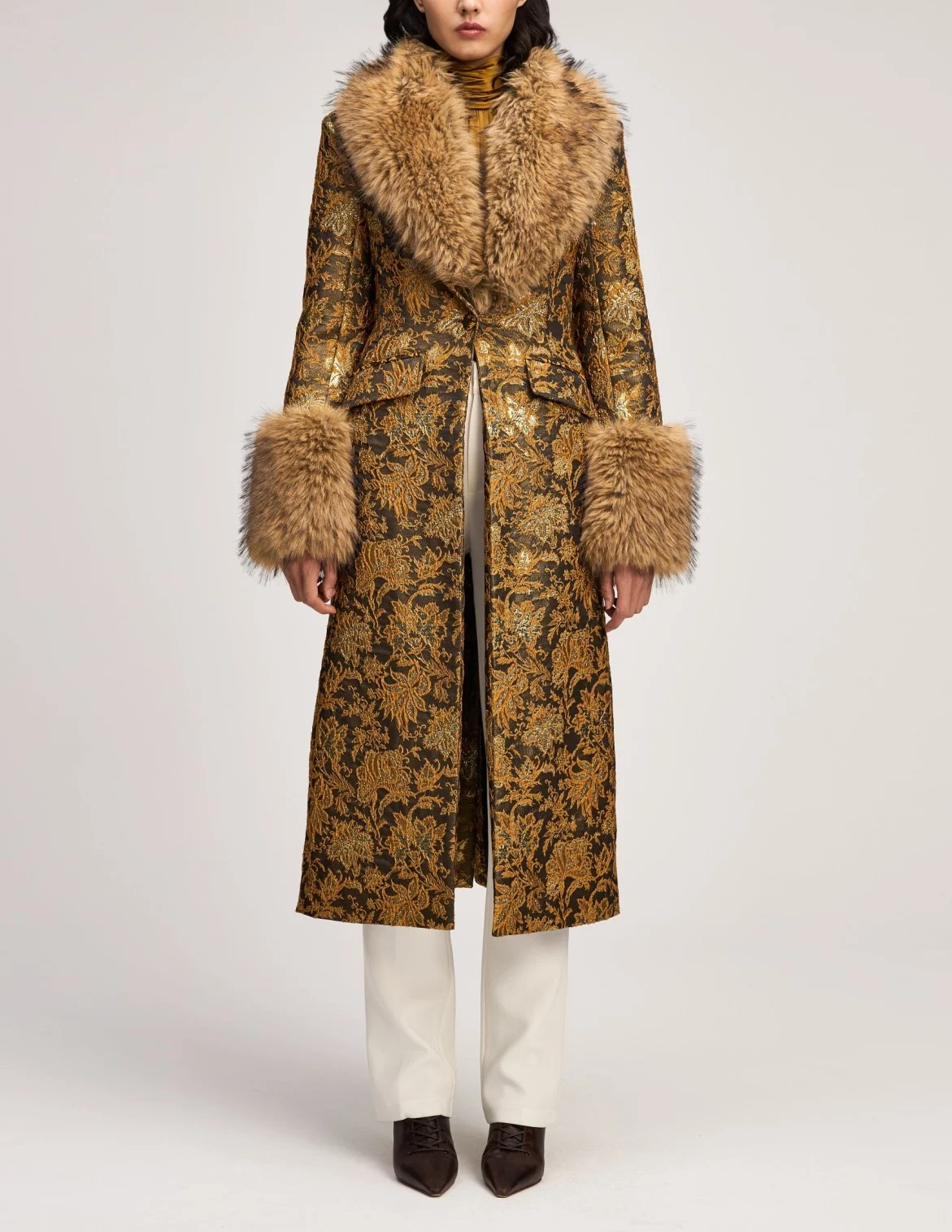 Women's Metallic Gold Jacquard Long Coat with Plush Faux Fur Collar