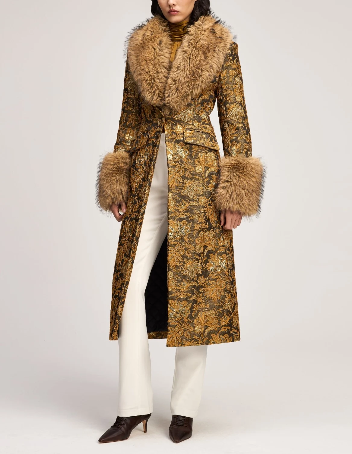 Women's Metallic Gold Jacquard Long Coat with Plush Faux Fur Collar