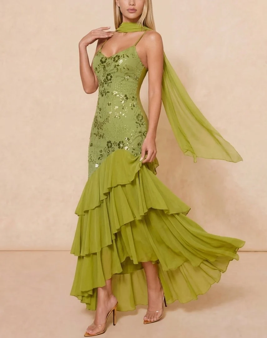 Olive Green Sequin Embroidered Cami Tiered Ruffle Mermaid Maxi Dress [erp-image:780495b798fc5c06110e976d]