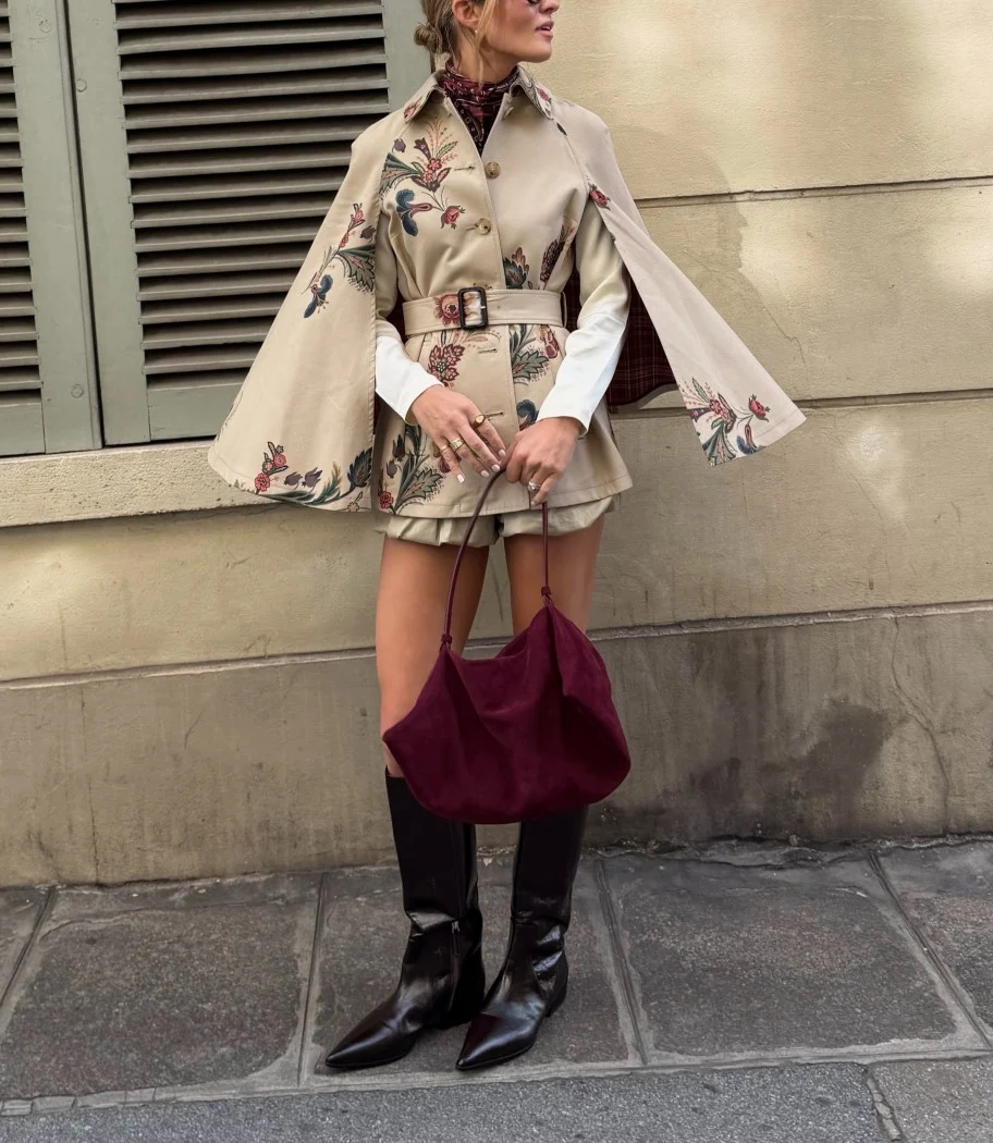 Women Vintage Floral Print Belted Cape Top with Plaid Lining [erp-image:86089150228ba9e9039618d9]