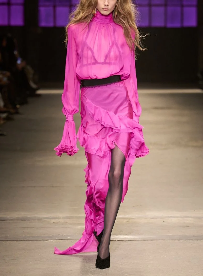 Hot Pink High Neck Tiered Ruffle Chiffon Maxi Dress with Long Sleeves [erp-image:f04f9382b5411b2dab413946]