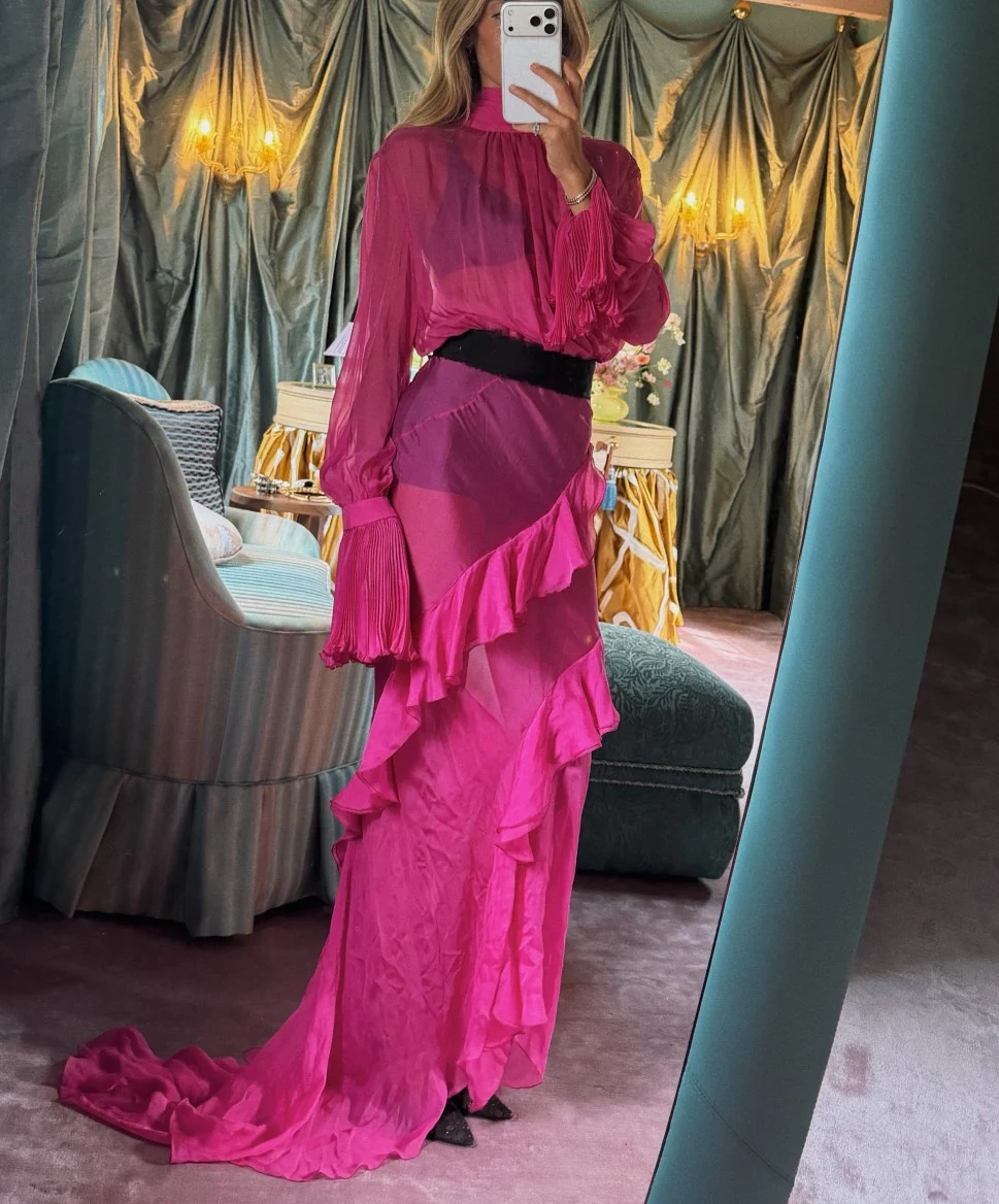 Hot Pink High Neck Tiered Ruffle Chiffon Maxi Dress with Long Sleeves [erp-image:b8f4d8639e6059ba0ee092e7]