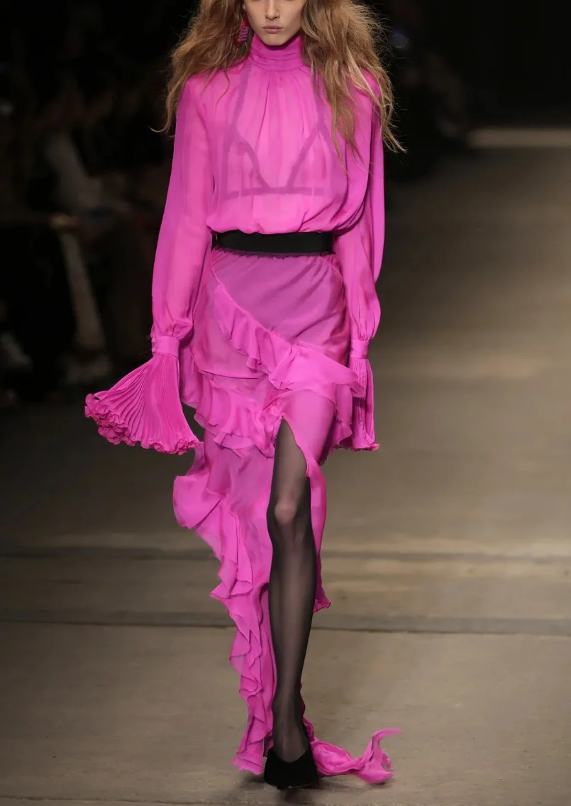 Hot Pink High Neck Tiered Ruffle Chiffon Maxi Dress with Long Sleeves [erp-image:e702e6bf29fb5ae0d3db5580]