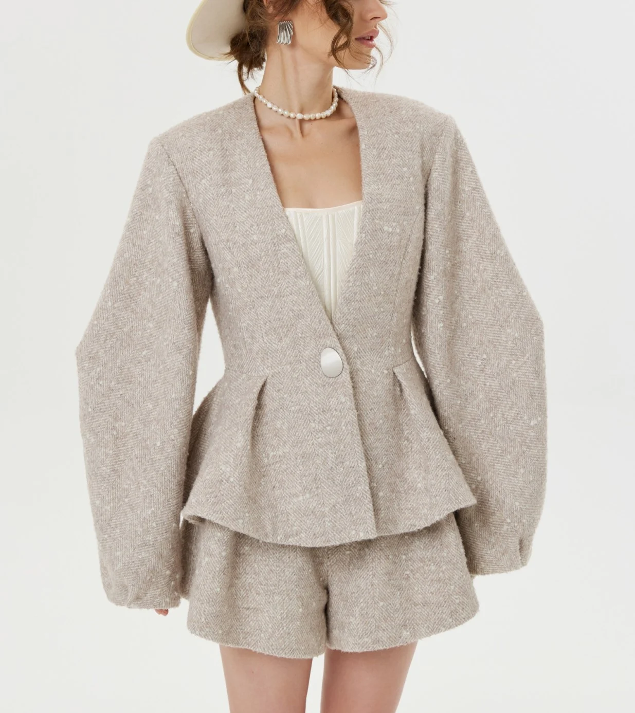 Women's Textured Tweed Peplum Blazer and Matching Shorts Two Piece Set [erp-image:b51b26f2828395f4bc0b180d]