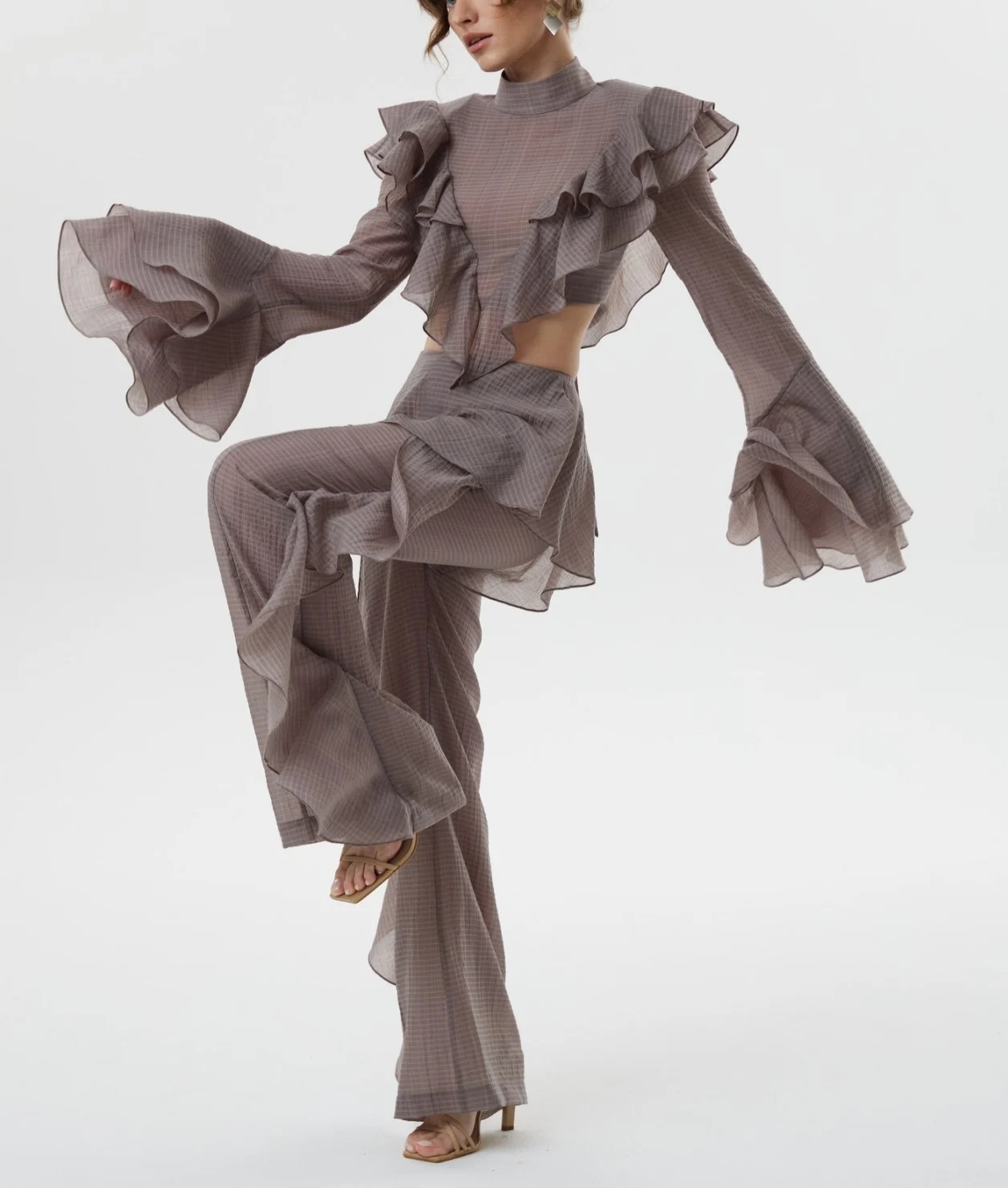 Women's Plaid Ruffle Mock Neck Crop Top and Wide Leg Trousers Two Piece Set [erp-image:fadab17439972d57ca93eb13]