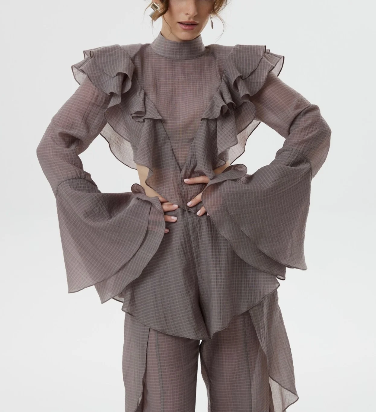 Women's Plaid Ruffle Mock Neck Crop Top and Wide Leg Trousers Two Piece Set [erp-image:3e92be81f0df45f0aa8724e2]