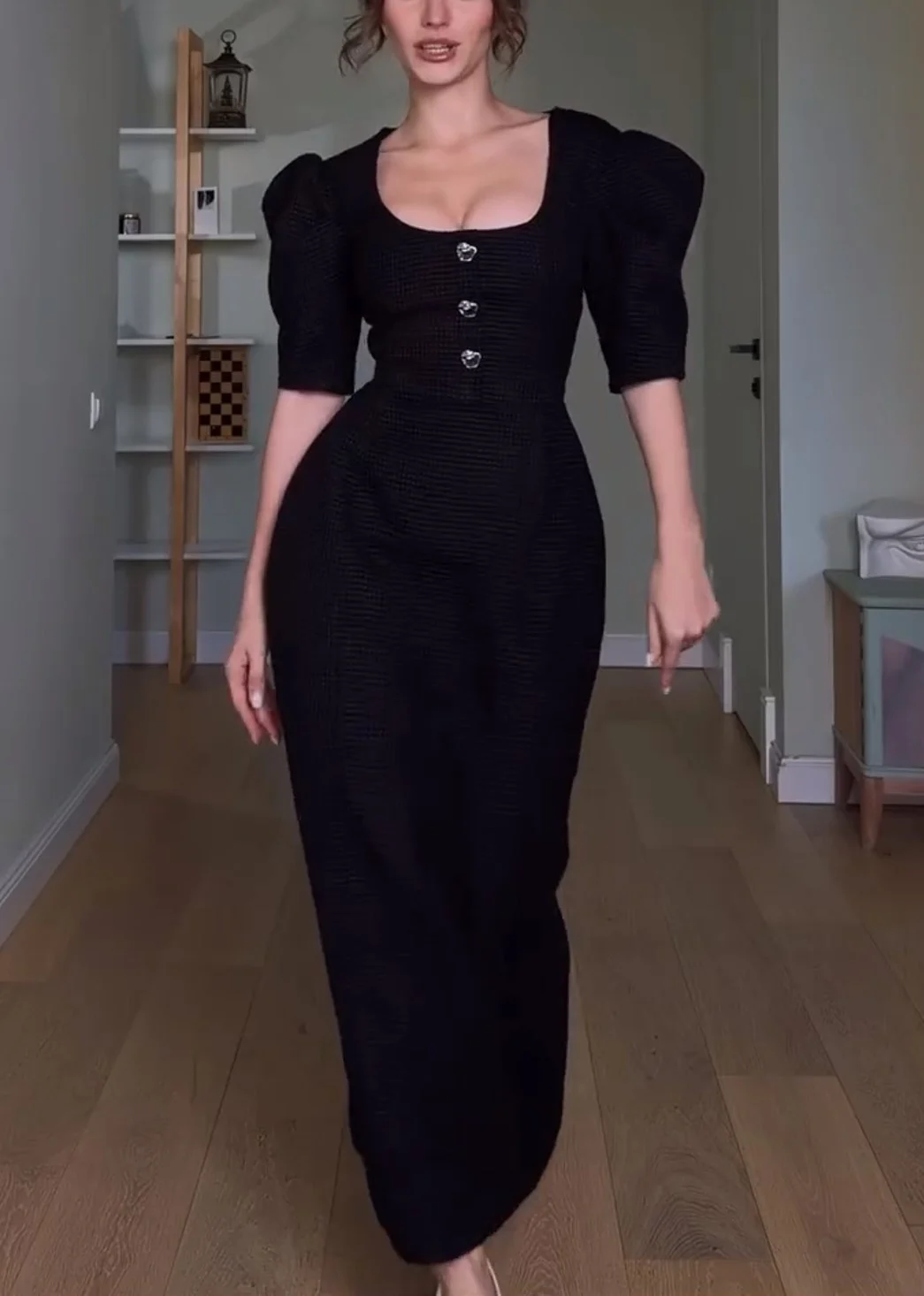 Black Scoop Neck Puff Sleeve Button Front Column Maxi Dress [erp-image:6e3e24d59daa506c337f53cc]