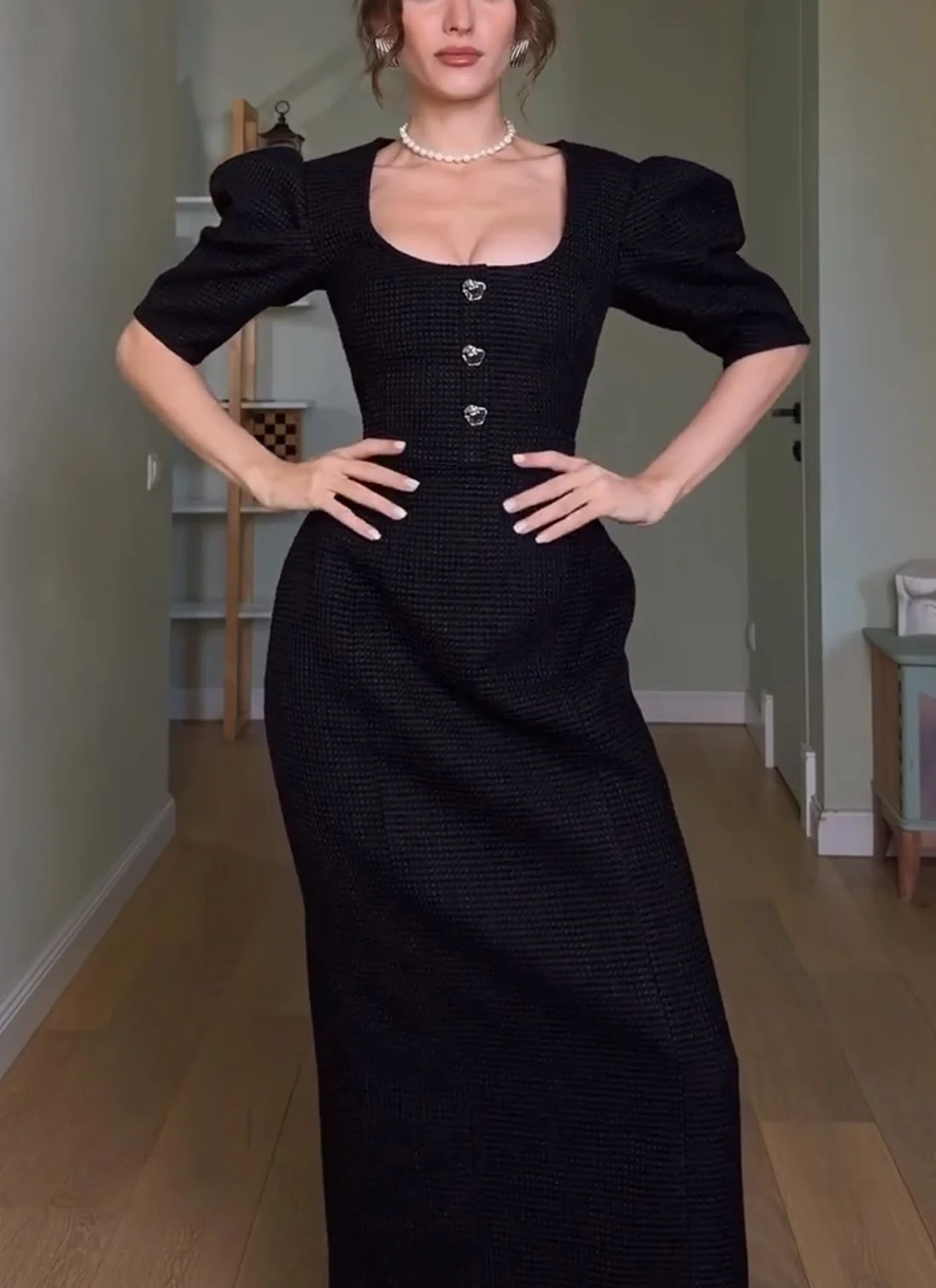 Black Scoop Neck Puff Sleeve Button Front Column Maxi Dress [erp-image:b8c53a2522cf935da4462f31]