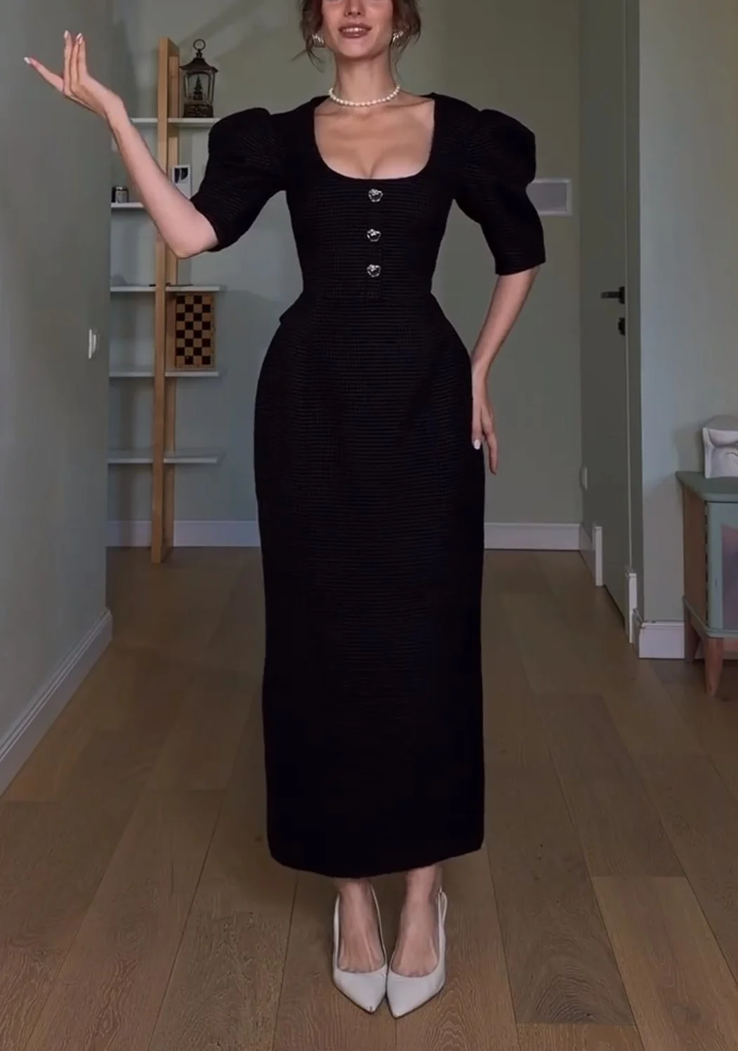 Black Scoop Neck Puff Sleeve Button Front Column Maxi Dress [erp-image:5290a4910ee22e8d308bd2dc]