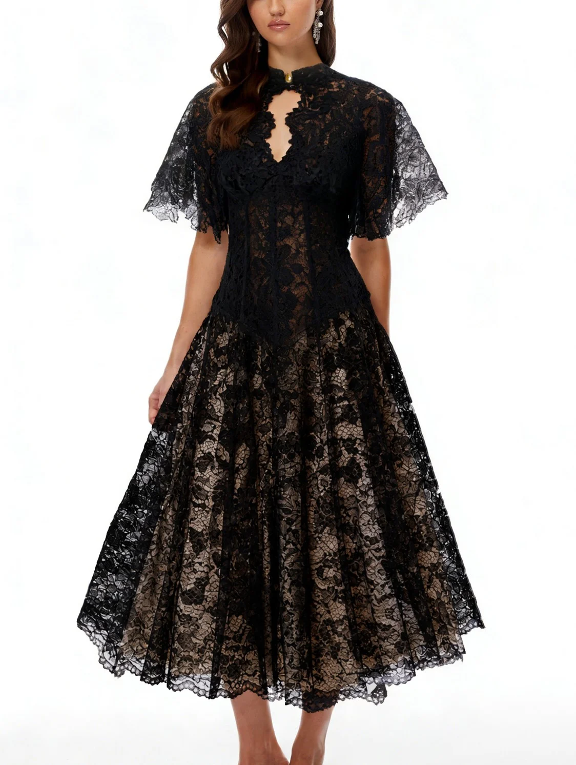 Black Floral Lace Mock Neck A-Line Midi Dress with Flutter Sleeves [erp-image:0d469d811f6686daa7c874cd]