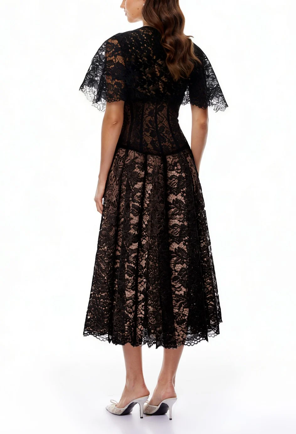Black Floral Lace Mock Neck A-Line Midi Dress with Flutter Sleeves [erp-image:e0631d60186ea09243145377]