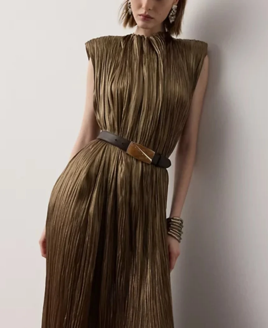 Metallic Pleated Padded Shoulder Sleeveless Column Maxi Dress with High Neck [erp-image:c3b2e4fe8707ed41445dc56a]