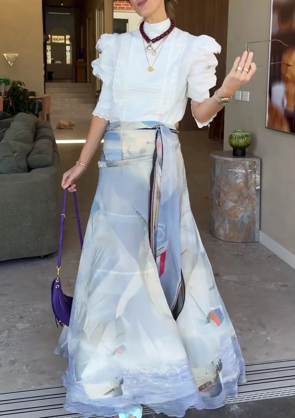 Ruffle Puff Sleeve Blouse and Abstract Print Maxi Skirt Two Piece Set [erp-image:931f70ed80107563ba8491a5]