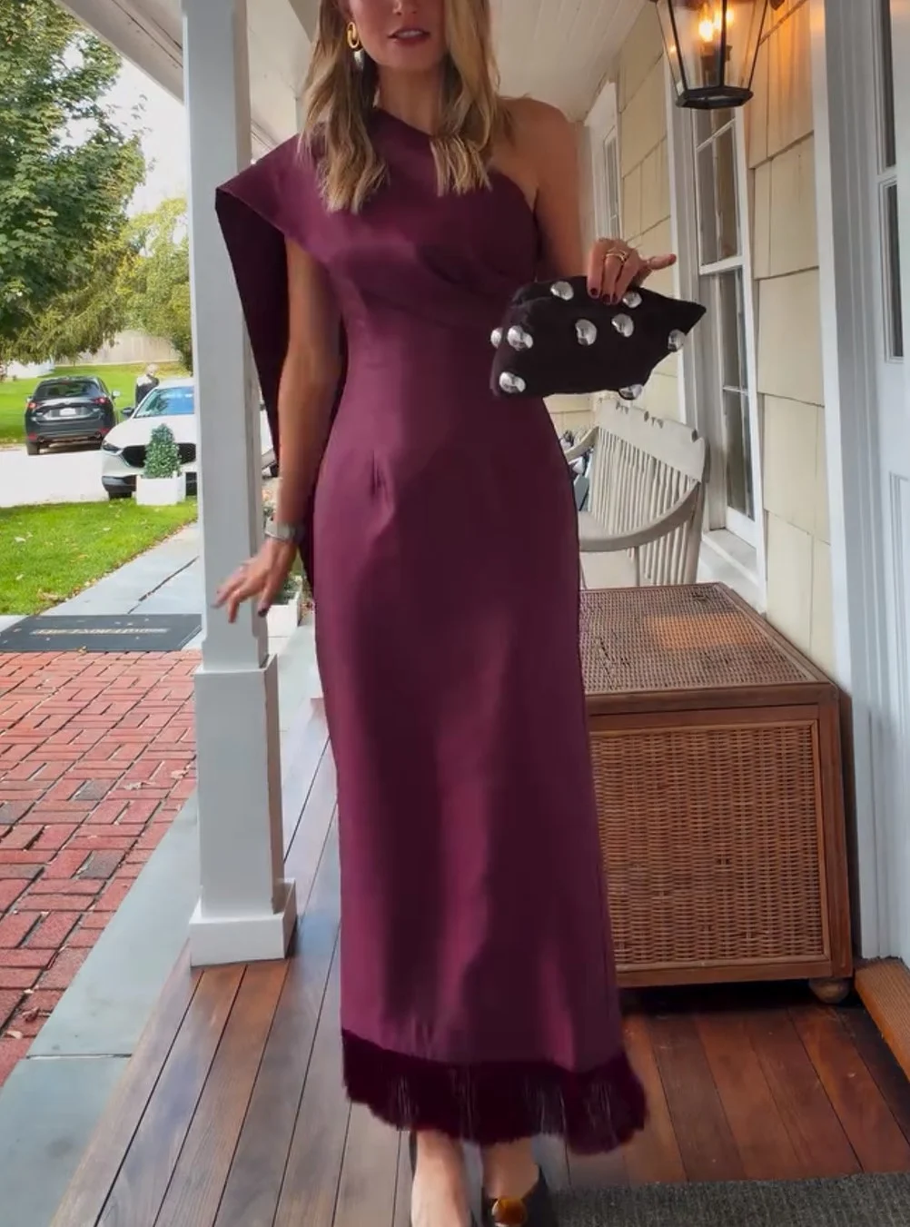 Women's One Shoulder Fringe Hem Column Plum Evening Maxi Dress [erp-image:caa66aa704f3276d963a6aa1]