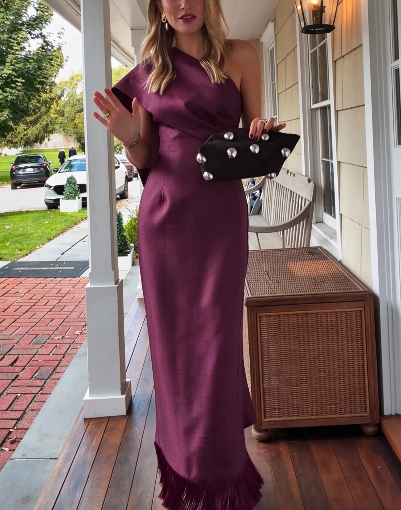 Women's One Shoulder Fringe Hem Column Plum Evening Maxi Dress [erp-image:0b39e886cd4e61f162010c9b]