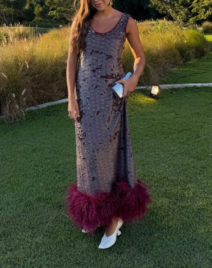 Sleeveless Sequin Scoop Neck Maxi Dress with Plush Feather Trim Hem [erp-image:9c4eccceba9f581a9bbbb57b]
