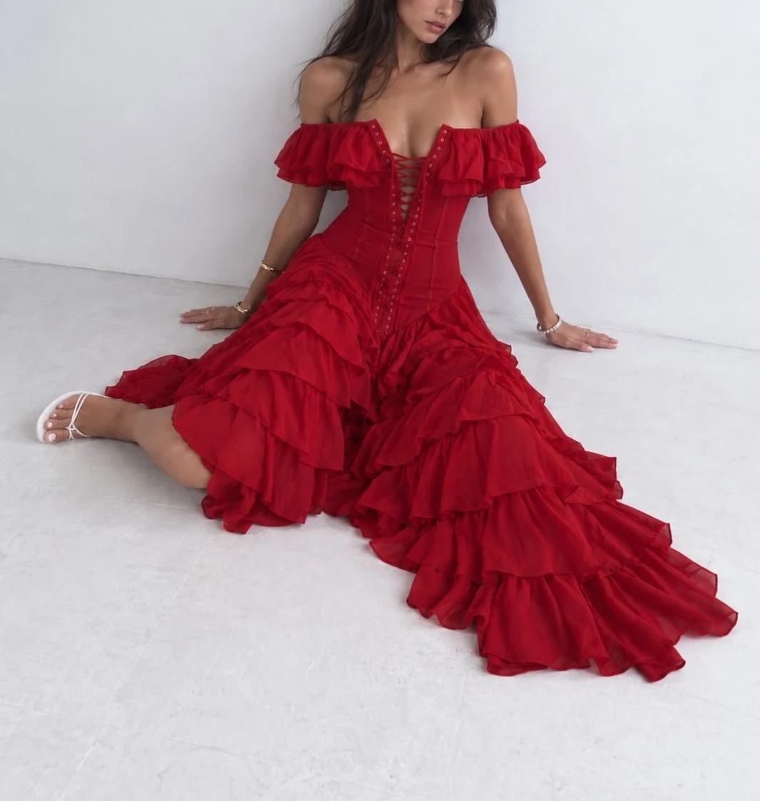 Off-Shoulder Corset Lace-Up Tiered Ruffle Slit Maxi Dress [erp-image:db73d0ce72d294bf5775ed9e]