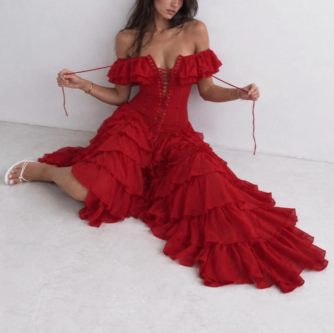 Off-Shoulder Corset Lace-Up Tiered Ruffle Slit Maxi Dress [erp-image:859c5f41aaa83c1b0a269fea]