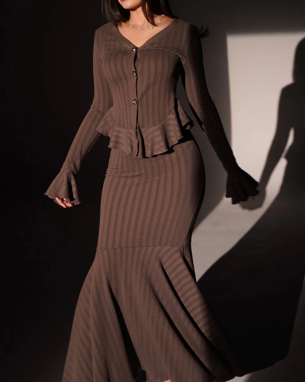 Brown Ribbed Knit Peplum Button Cardigan and Fluted Mermaid Maxi Skirt Set [erp-image:96ca83e723f8d619307dc532]