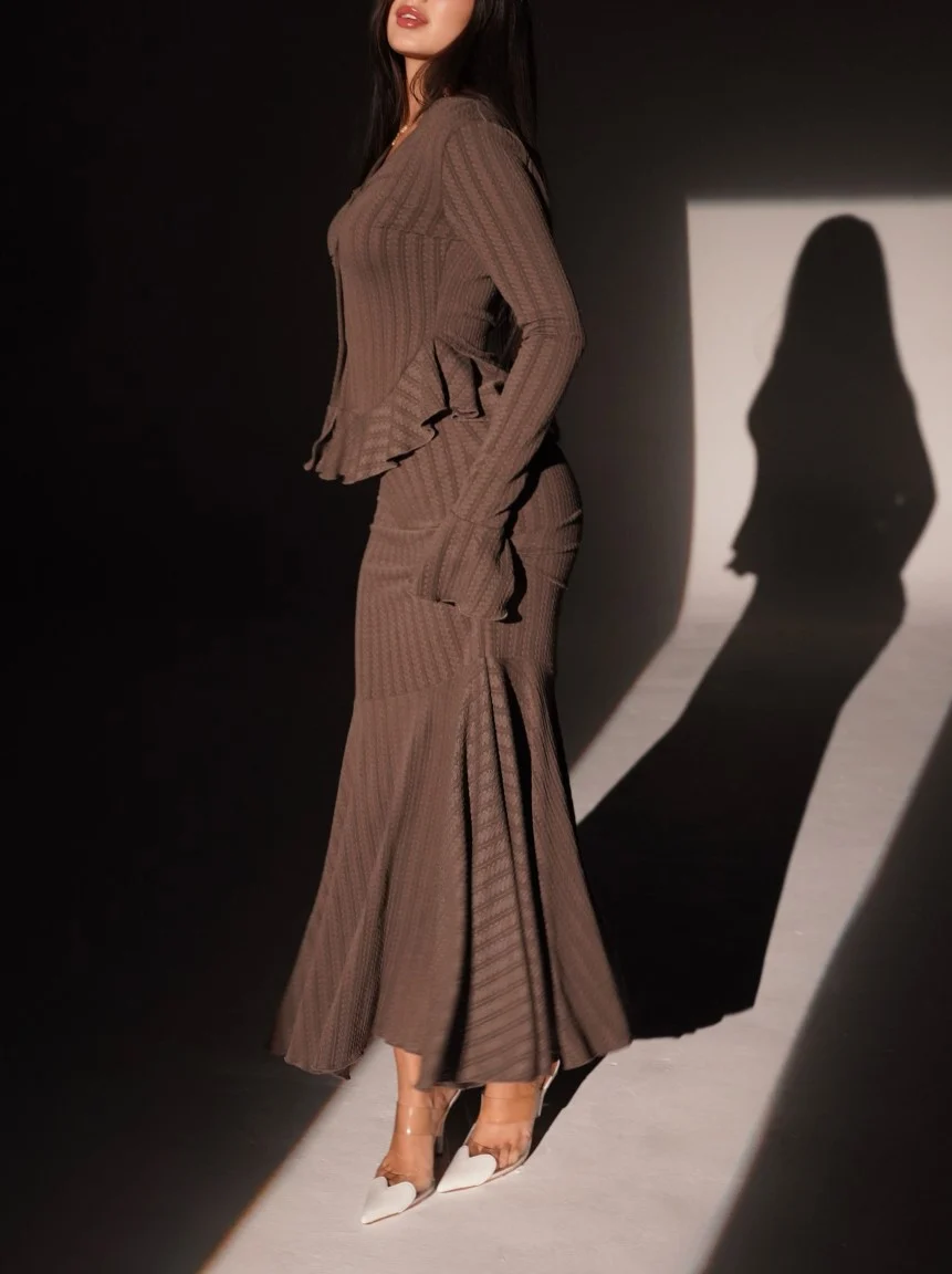 Brown Ribbed Knit Peplum Button Cardigan and Fluted Mermaid Maxi Skirt Set [erp-image:c16423affc2509938192d394]