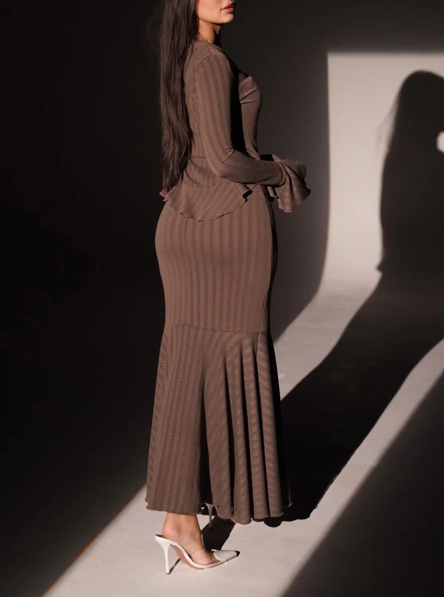 Brown Ribbed Knit Peplum Button Cardigan and Fluted Mermaid Maxi Skirt Set [erp-image:2c32bbf5cc83e8481c6c912e]