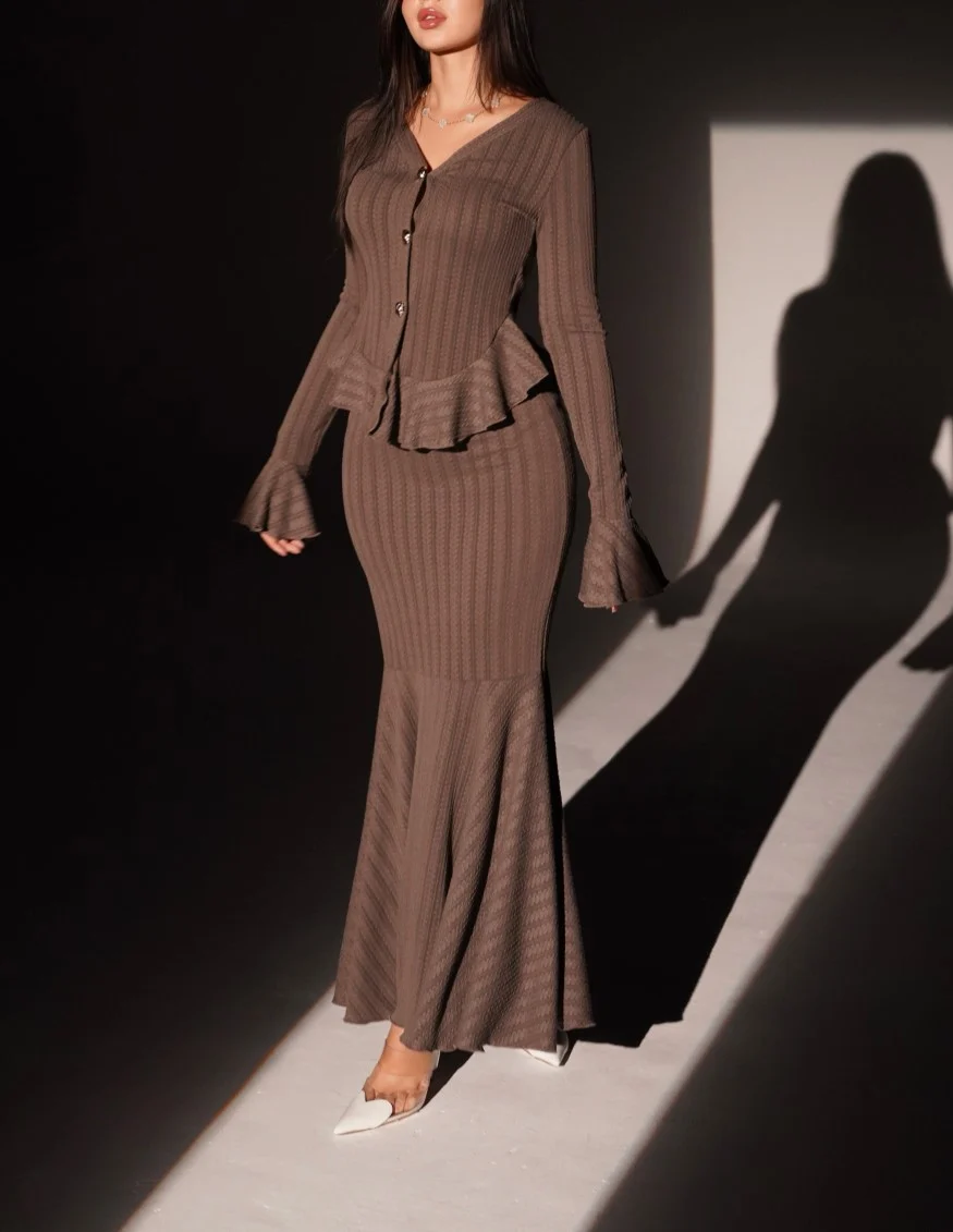 Brown Ribbed Knit Peplum Button Cardigan and Fluted Mermaid Maxi Skirt Set [erp-image:d5131d08ce85ab3fa1f179da]