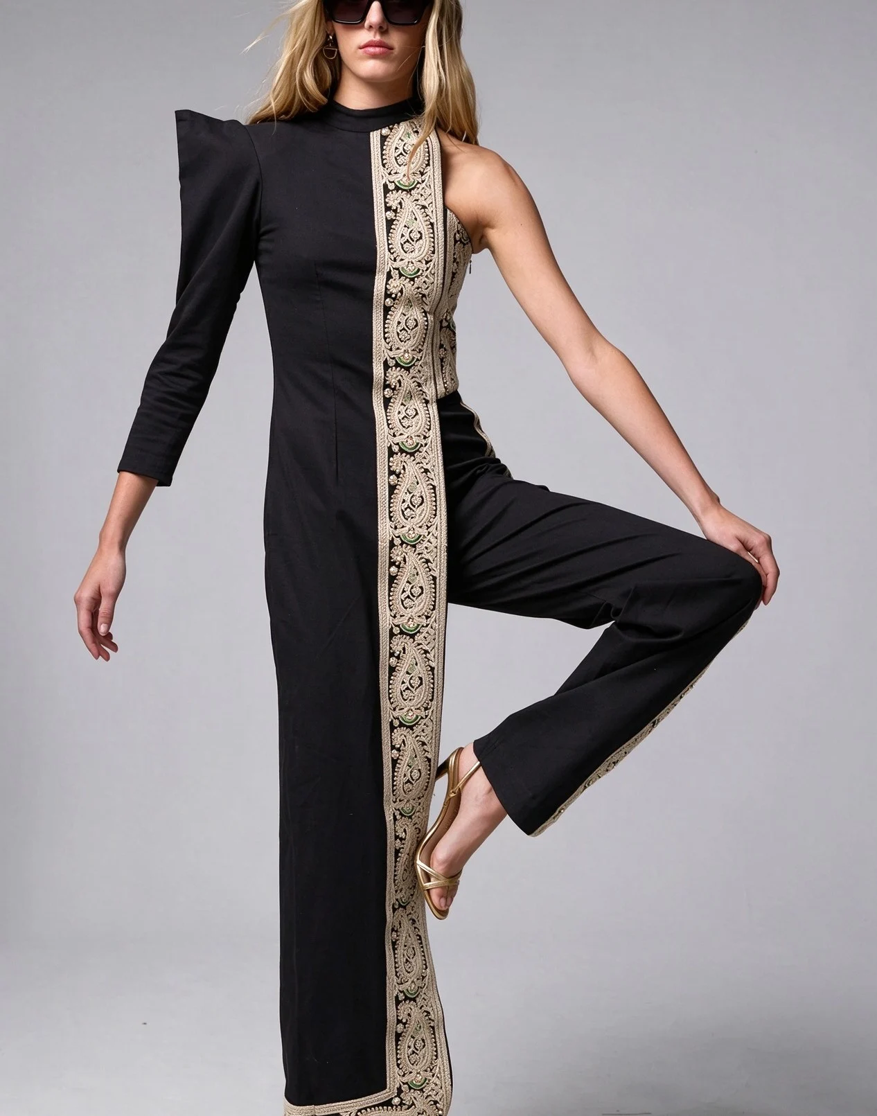 Women's One Shoulder Paisley Embroidered Asymmetrical Top and Trousers Two Piece Set [erp-image:6f53c85b90ed40532f860565]