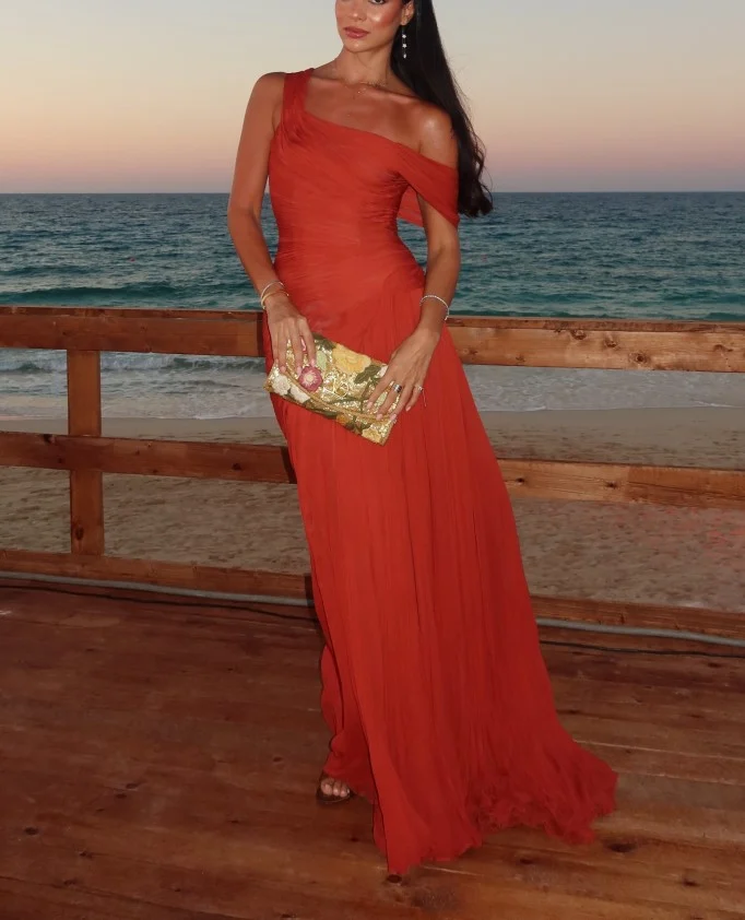 One Shoulder Ruched Chiffon Maxi Dress Elegant Evening Party Gown [erp-image:27ada7671cc8962bb15aca86]