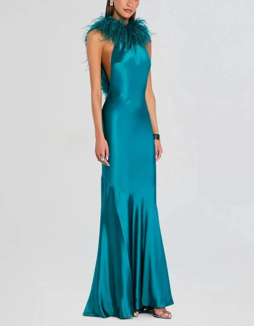 Teal Satin Feather Trim Halter Neck Sleeveless Evening Maxi Dress [erp-image:2ee977508909eb5547107ba1]
