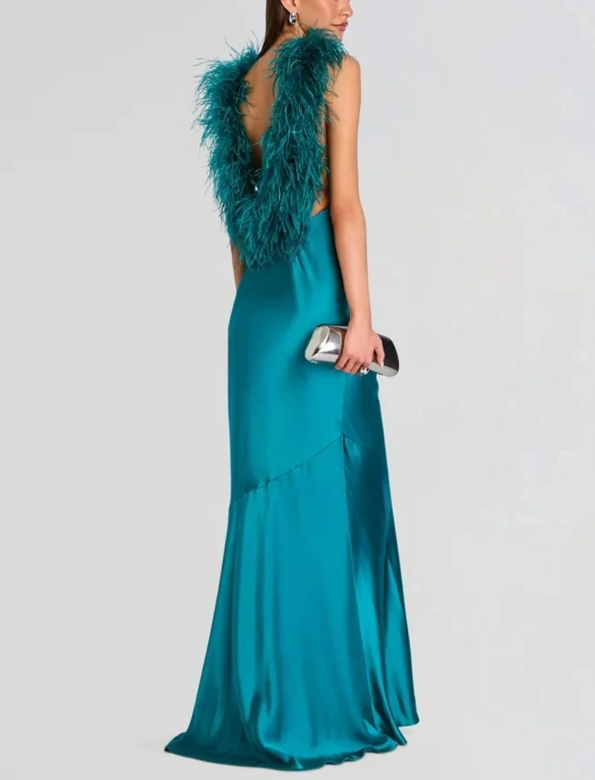 Teal Satin Feather Trim Halter Neck Sleeveless Evening Maxi Dress [erp-image:301b0cfd497413716f096436]