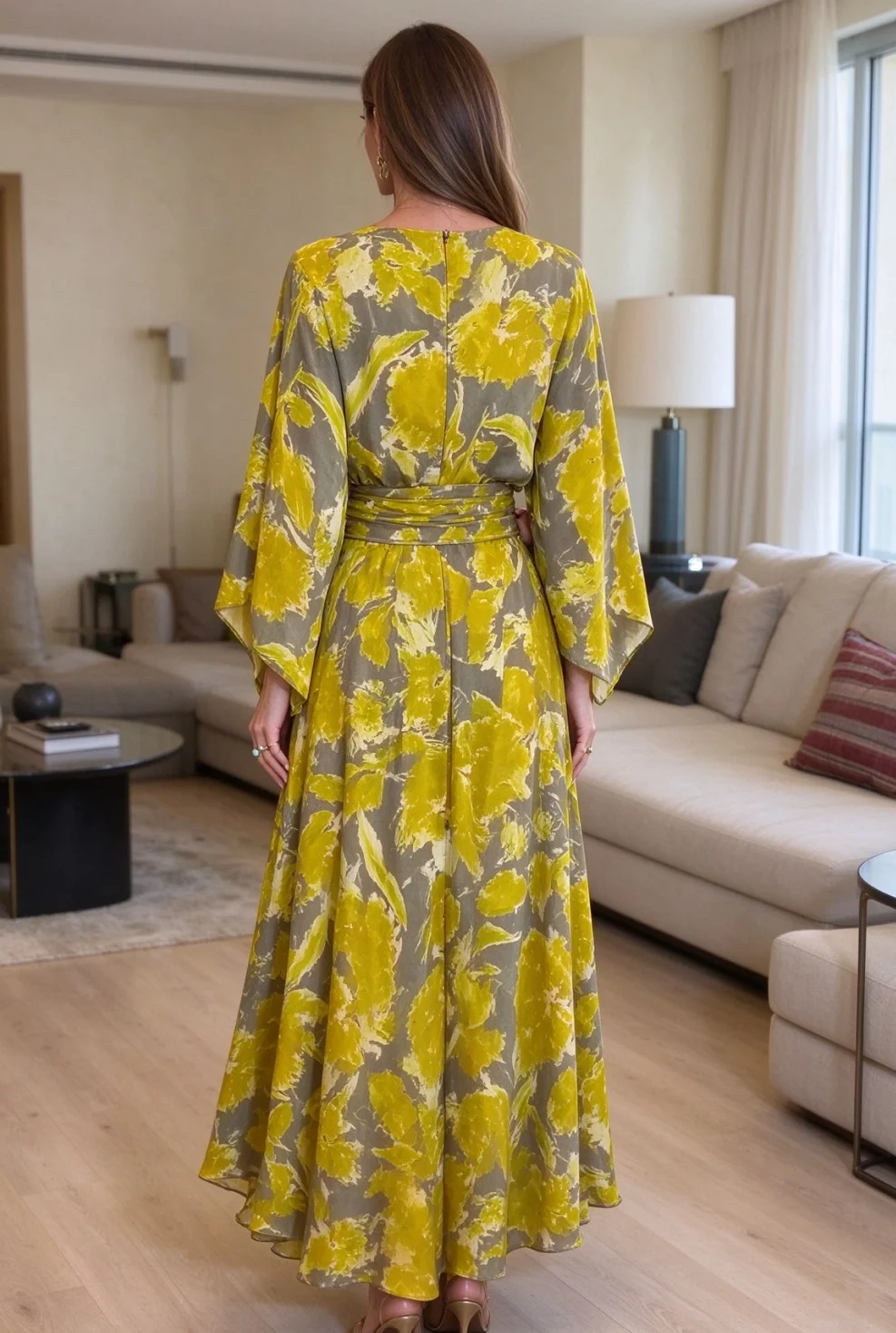 Floral Print V-Neck Long Sleeve Belted Maxi Dress with Floral Accent [erp-image:4effa758275fa0fa4dd027b2]